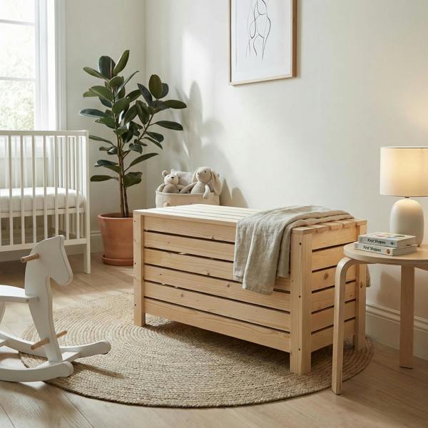 Core Products Wide Slatted Storage Box with Lid, Pre-Sanded Pine