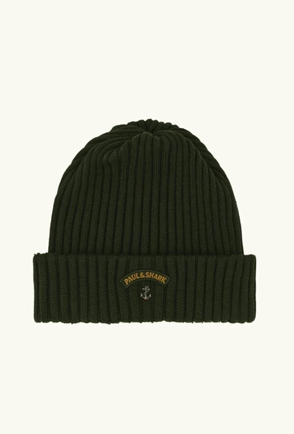Paul & Shark Ribbed Wool Beanie with Anchor Badge - One Size - Green