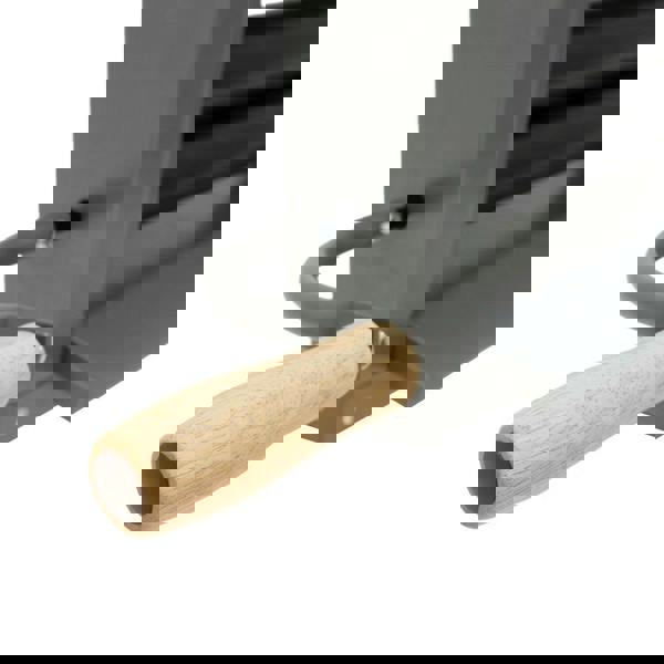 Manual hand wringer with a sturdy metal frame, wooden handle, and rubber rollers for efficient water extraction from fabrics