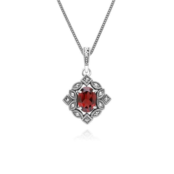 Gemondo Art Deco Style Oval Garnet & Marcasite Pendant Necklace in Sterling Silver