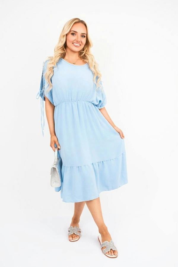 Fianna Round Neck Short Sleeve Midi Dress With Tie Sleeve Detail - Sky Blue