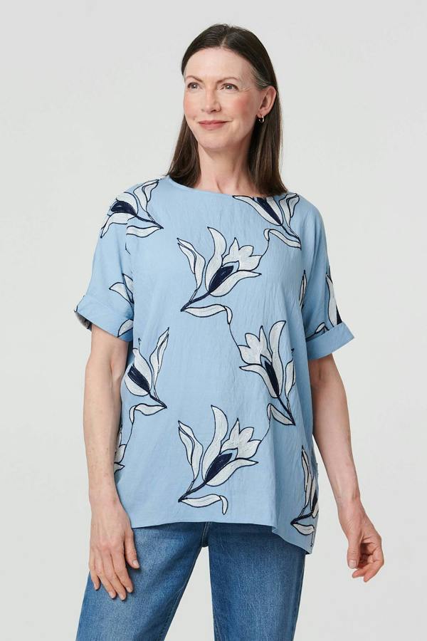 Blue | Floral Embroidered Texture Tunic Top