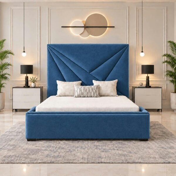 Paradise Beds Arvella Luxury Upholstered Bed Frame with tall Headboard - Solid Wood - Blue