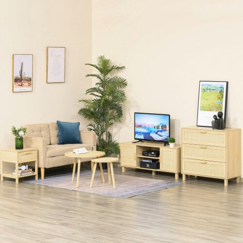 Wyld Haus Tafa Natural Wood Bedside Table With Rattan Drawer And Open Storage Shelf