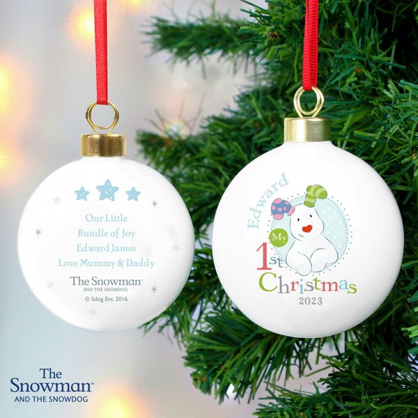 Personalised Memento Company Personalised The Snowman and the Snowdog My 1st Christmas Blue Bauble