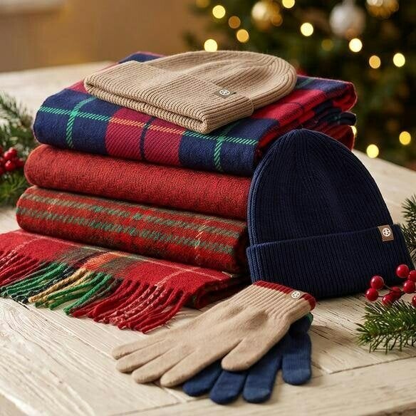 Obasyhig Christmas Check Knitted Hat Scarf and Gloves 3 Piece Set