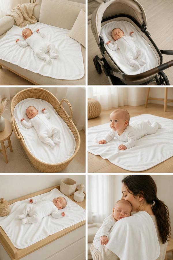 Lifestyle collage showing Prima Cotton’s Organic Baby Blanket for Sensitive Skin used as a receiving blanket, pram blanket, Moses basket liner, tummy time blanket, changing mat cover and feeding blanket.