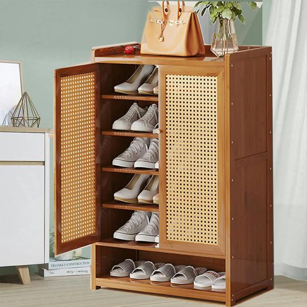 Havendro Shoe Cabinet Storage Cupboard Footwear Stand Rack Wooden Double Rattan Doors