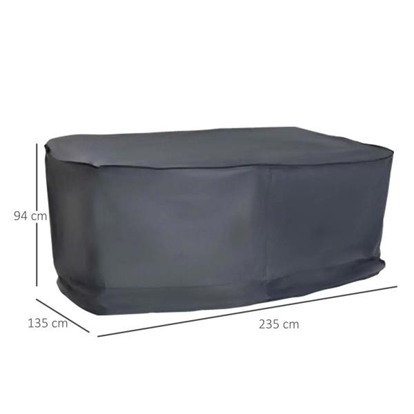 Grey rectangular furniture cover, boxy fit with stitched edges and size dimensions
