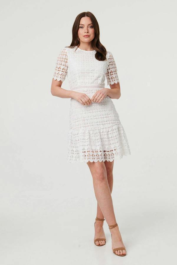 White | Semi Sheer Lace Layer Fitted Short Dress