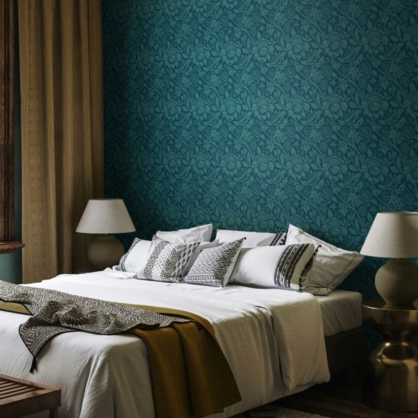 Hoopla Walls Damask Trail - Rich Teal 10m Wallpaper