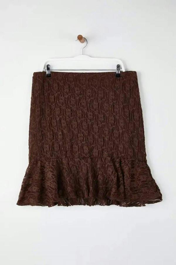 WOVCOR Plus Size Skirt with Ruffled Hem and Knitted Lace