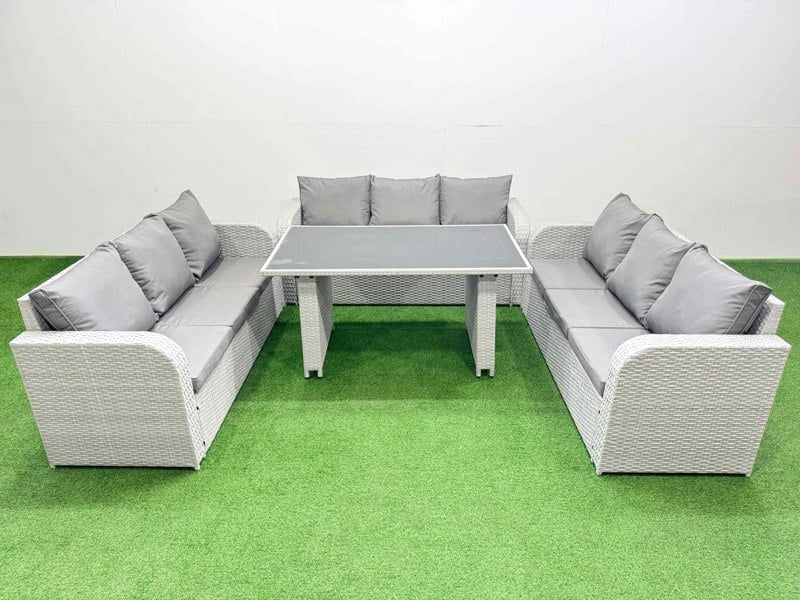 Fimous Patio Garden Furniture Sets with Black Glass Top Dining Table 3 Seater Sofa Light Grey