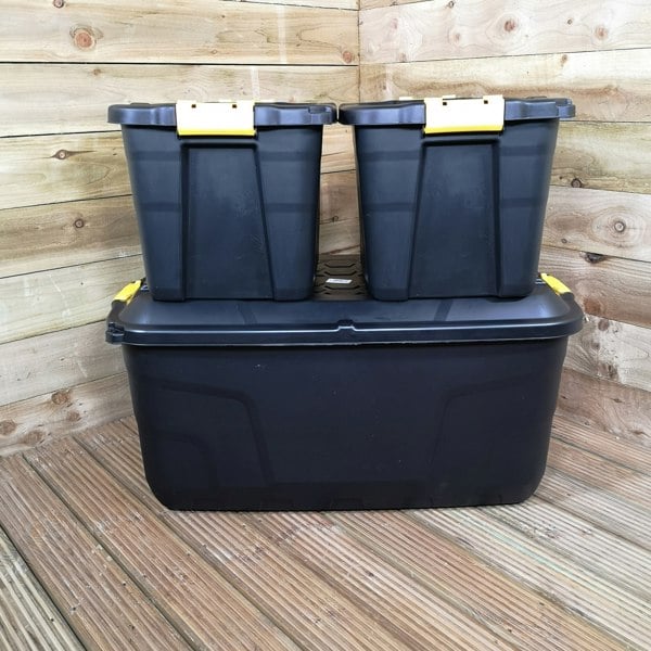 Samuel Alexander 1 x 145L AND 2 x 60L Heavy Duty Trunks 1 on Wheels Sturdy, Lockable, Stackable and Nestable Design Storage Chest with Clips in Black