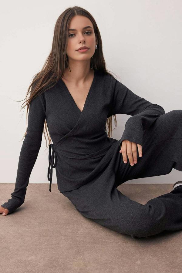 WOVCOR 2-Piece Wrap Knit Top & Wide Leg Pants Set