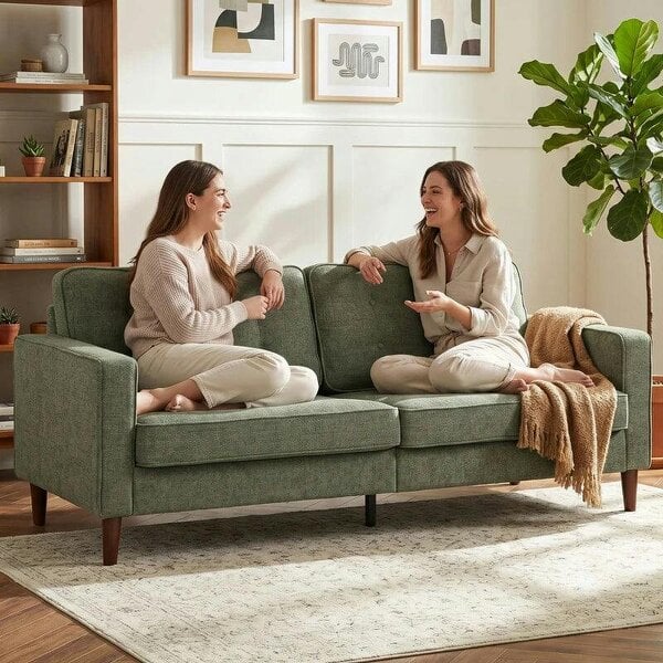 3 Seater Sofa Button Tufted Upholstered Couch with Wood Legs for Living Room, Green