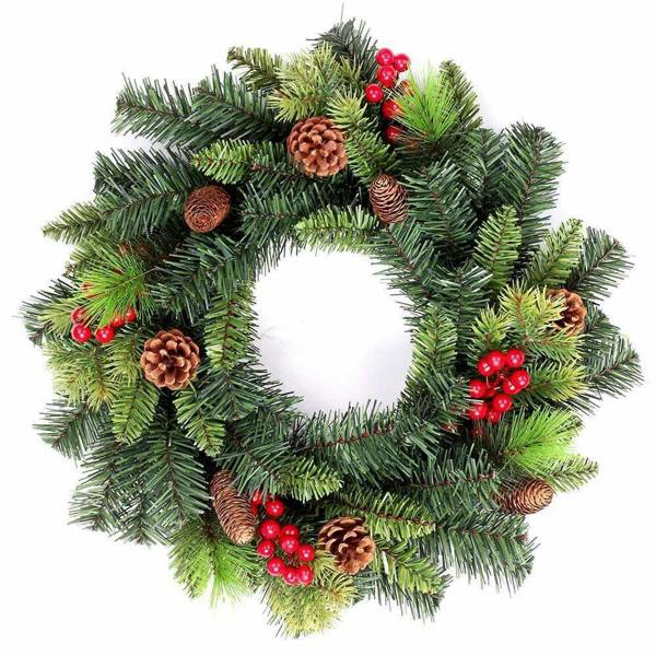 55cm Green Frosted Christmas Wreath with Mixed Tips, Berries and Pine Cones for Door or Indoor Display image 1