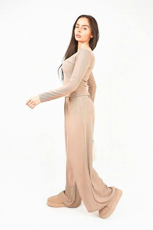 ikrush Enaya V Neck Long Sleeve Ribbed Top & Wide Leg Trousers Co-ord Set