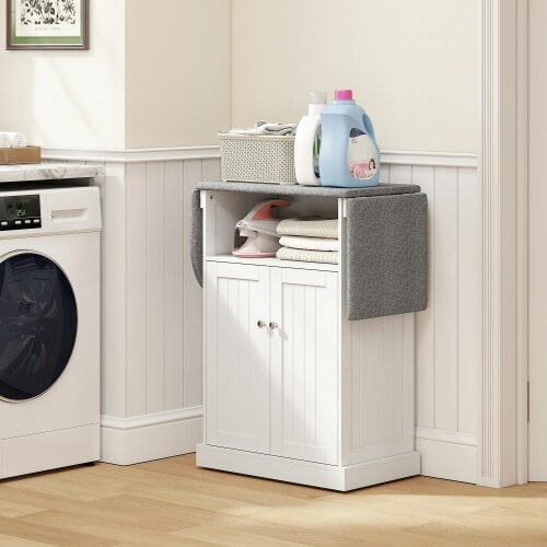 HOMCOM Ironing Board Cabinet on Wheels with Foldable Top, White