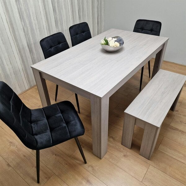 Kosy Koala Modern Grey Rectangle Dining Table Set With 4 Grey Velvet Chairs And 1 Grey Bench Dining Room Furniture - Table + 4 Black Chairs + 1 Bench - 140cm (L) x 80cm (W)