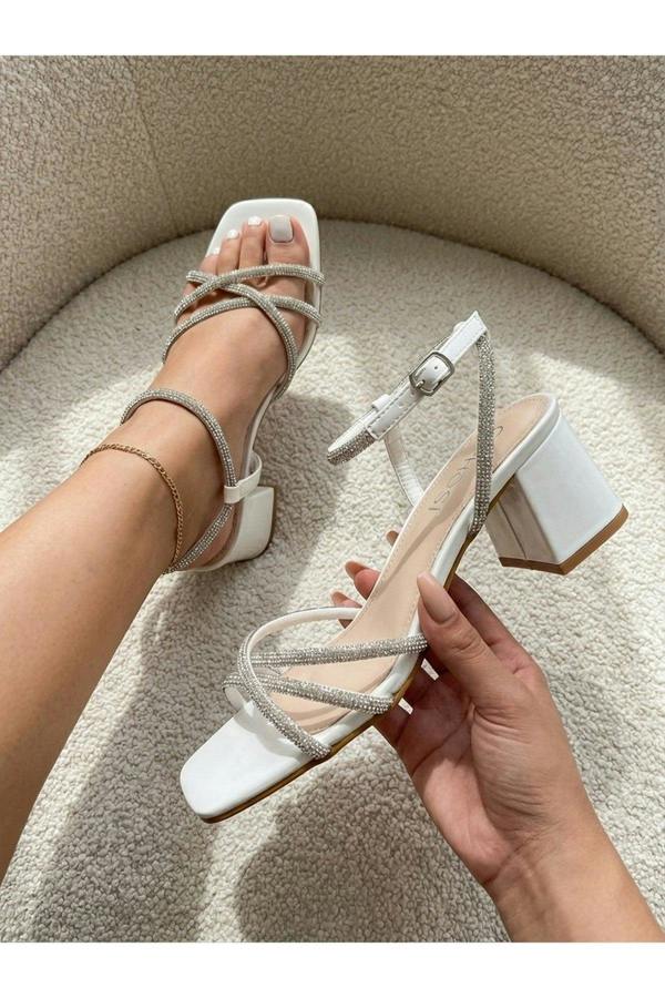 Willow Rhinestone Block Heel Sandals - White
