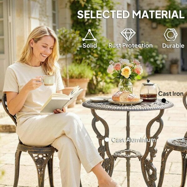 Bobobiy Garden Bistro Set with Umbrella Hole, 3 Piece Cast Aluminium Garden Set, Antique Floral Round Coffee Table and Chairs, Brown Tone