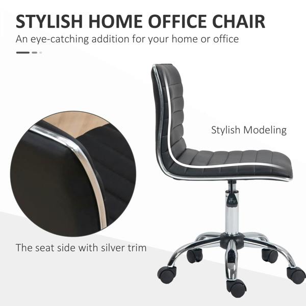 Black armless office chair with faux leather seat, tall backrest, silver edge trim, swivel.