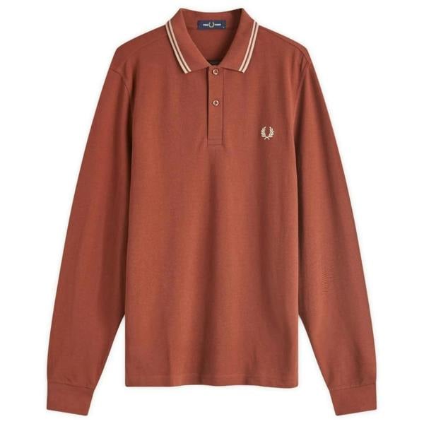 Fred Perry Black Twin Tipped Collar Whisky Brown Long Sleeve Polo Shirt XS