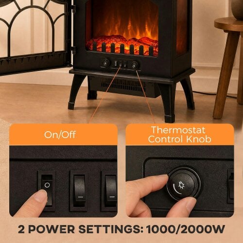 HOMCOM 3-Sided Glass Electric Fire Fan Heater with Flame Effect, Black