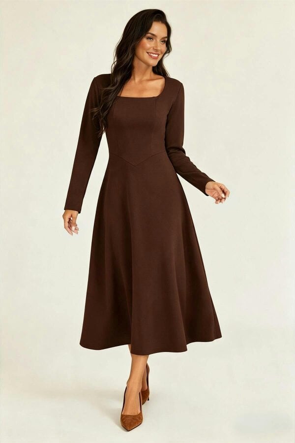 FS Collection Square Neck Long Sleeve Fit & Flare Midi Dress Espresso