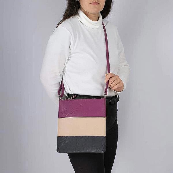 Pia Colour Block Leather Cross-Body Bag, Fuchsia Cream & Navy Bag with