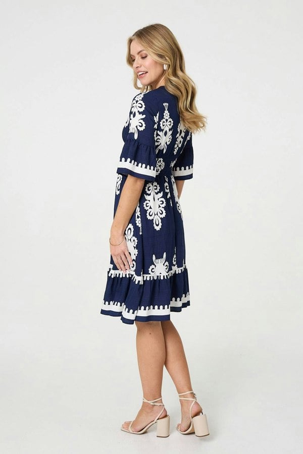 Navy | Ikat Print 1/2 Sleeve Relaxed Short Dress