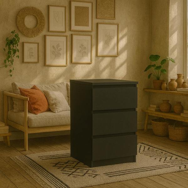 Wyld Haus Budapest Matt Black Wooden Bedside Table 3 Drawers