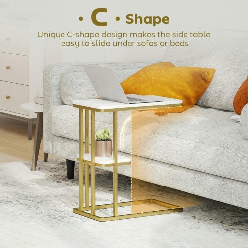 Wyld Haus Neso Metal And Wooden White Marble Grain Slim C Shaped Side Table With 2 Tier Storage