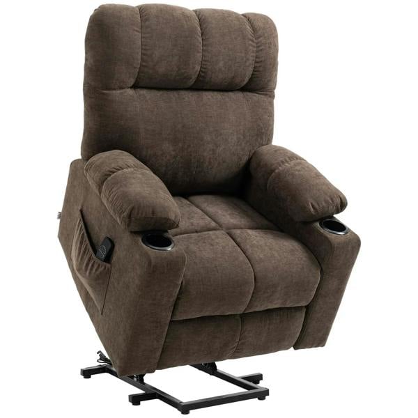 Dark brown power lift recliner chair with padded headrest and side cup holders.