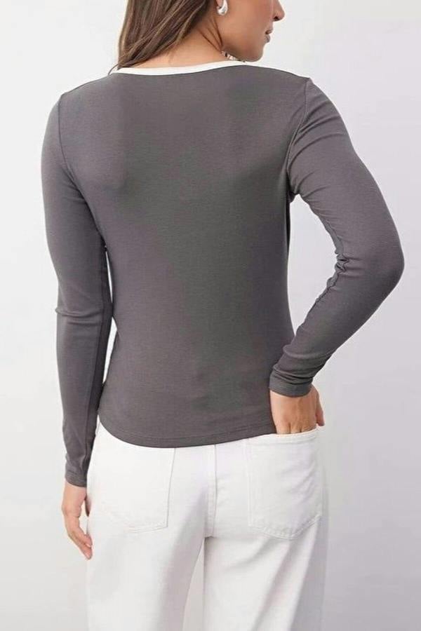 WOVCOR Color Block Knit Blouse with Button Details