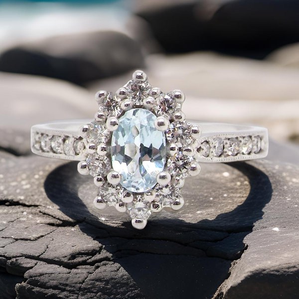 Vintage Tom Aquamarine and Diamond Cluster 18 Carat White Gold Ring