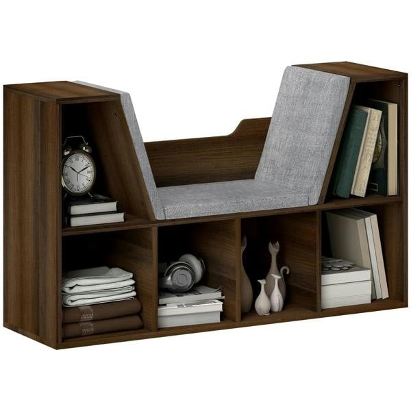 Chestnut cube bookshelf with cushioned reading seat and open storage cubbies