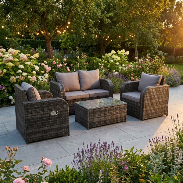 Fimous 4 Seater Rattan Garden Furniture Set with Love Sofa, Coffee Table & 2 Armchairs - Dark Grey Mixed