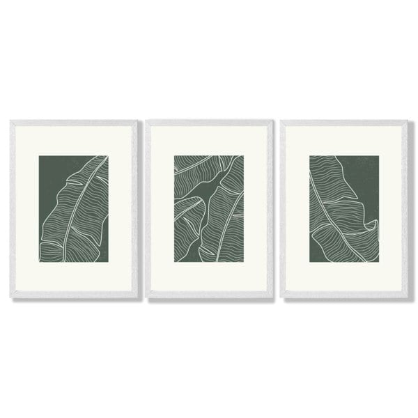 Set of 3 Minimal Green and Cream Botanical Leaves Framed Art Prints with White Wooden Frames