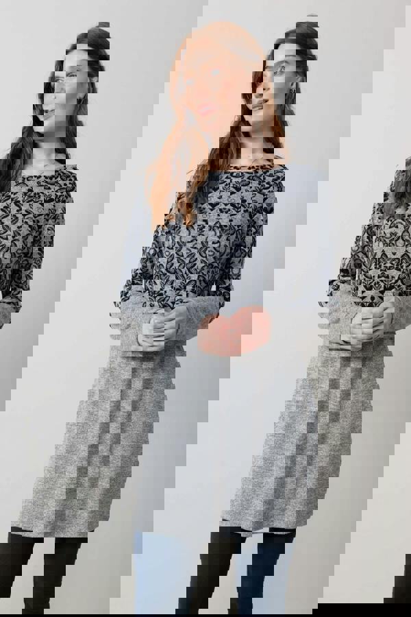 Lily & Me Angela Long Sleeve Fair Isle Knit Tunic Grey