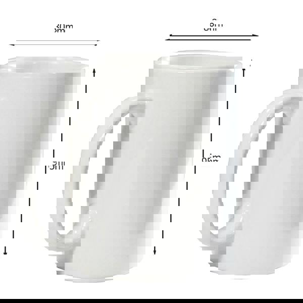 White ceramic mug with large handle, measuring 80mm wide and 95mm tall.