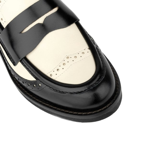 Embassy London Angelina - Black & Cream - Women's leather almond toe penny loafer with broguing
