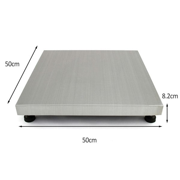 T-Mech 50cm x 50cm vet scales with a sleek stainless steel surface, measuring 8.2cm in height, ideal for weighing pets and small animals