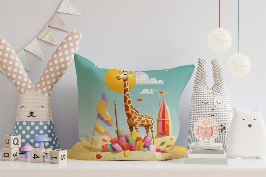 Warren Reed A Giraffe On A Beach Holiday Cushions