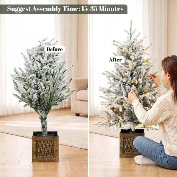 Bobobiy 90 cm Prelit Flocked Table Christmas Tree, Artificial Christmas Tree with 70 Warm White LED Lights, 488 Tips, Green