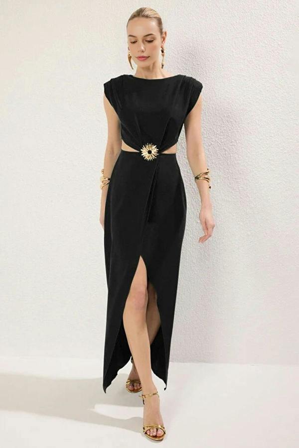 WOVCOR Woven Long Elegant Evening Dress with Accessory Details