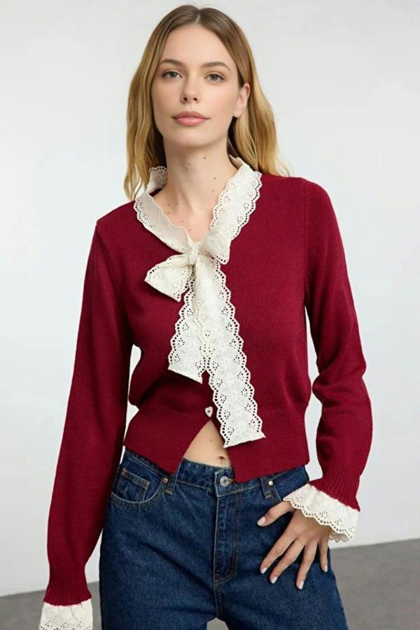 WOVCOR Lace Garnished Ribbon/Bow Detailed Knit Crop Cardigan