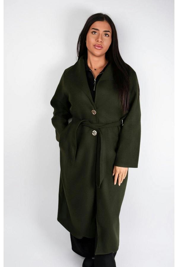 Marelle Belted Longline Coat With Button Detail - Khaki