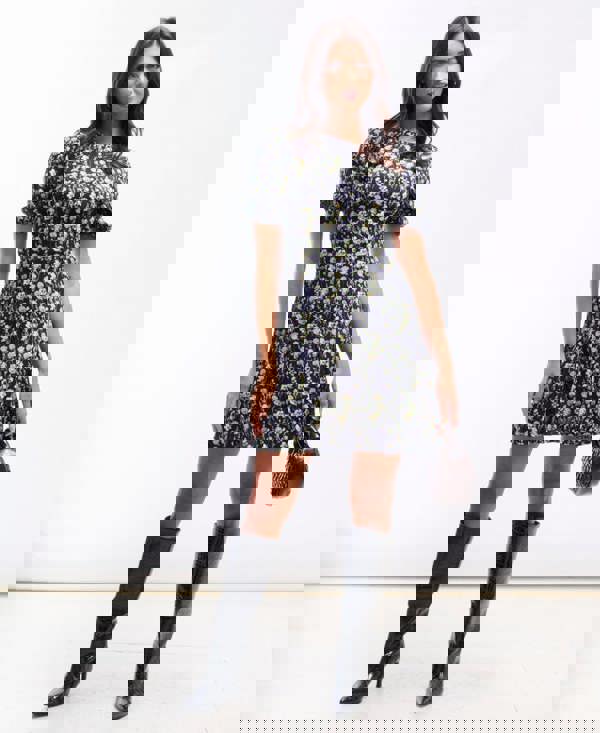 Needs No Label Black Floral Puff Sleeve Mini Dress